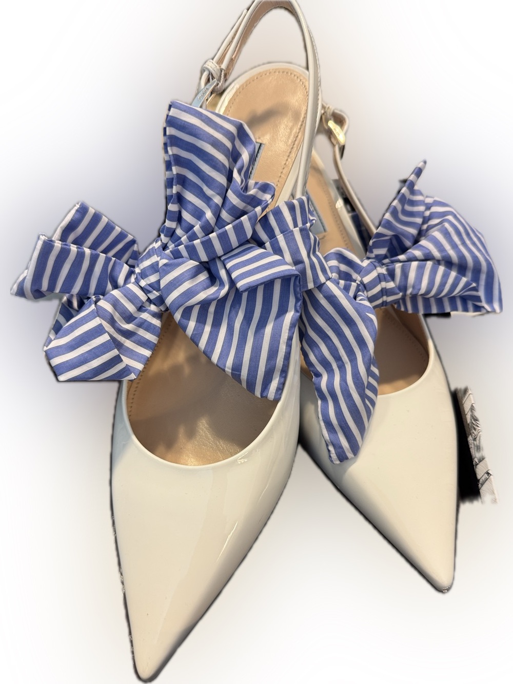 Prada Women's White Patent Leather Slingback Pumps with Blue Striped Bow